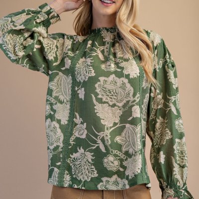 Floral High Neck Blouse - Moss Green Mix